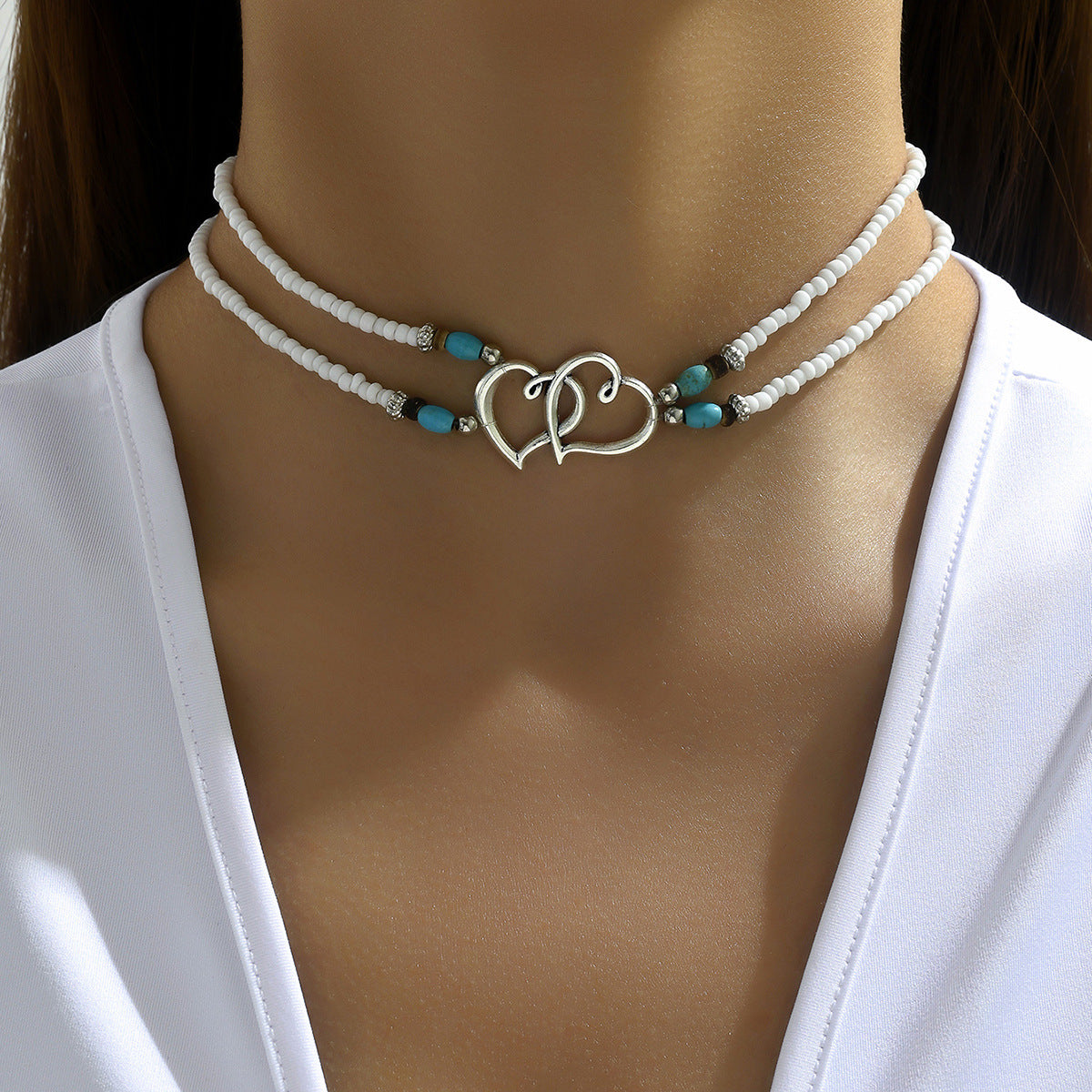 Wholesale  Beach  Necklace Simple Multi-layer Rice Beads Heart Necklace
