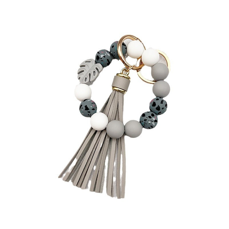 Wholesale Leaf Silicone Printed Silicone Beaded Tassel Keychain ACC-KC-JiuYa019