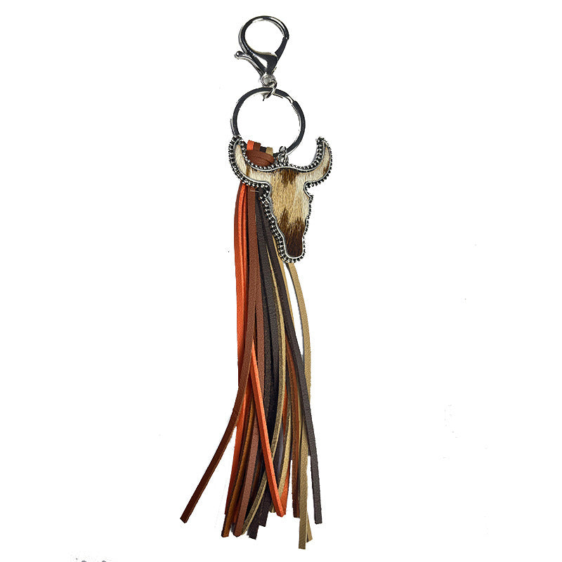 Wholesale of 2pcs/pack Western Style Leopard Print Cow Print Cowhead Tassel Genuine Leather Keychain ACC-KC-HY001