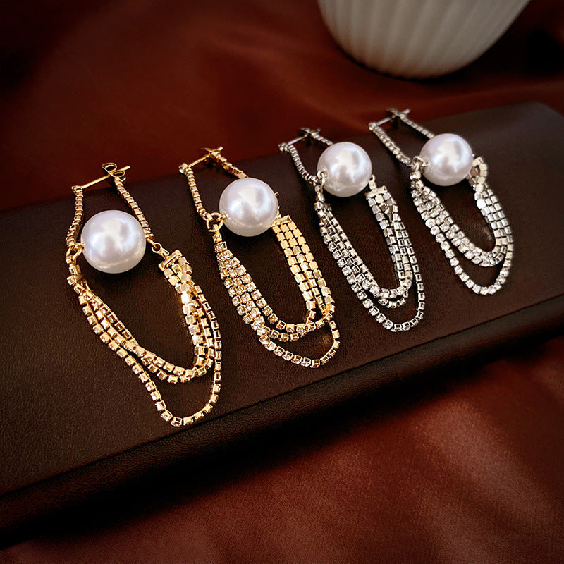 Wholesale Light luxury style diamond-embedded chain Pearl 925 silver needle earrings
