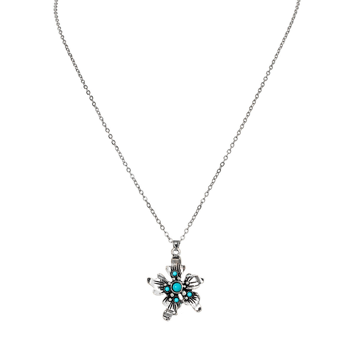 Wholesale  Retro Style Alloy Flower Inlaid  Turquoise Pendant Thin Chain Adjustable Women's Necklace