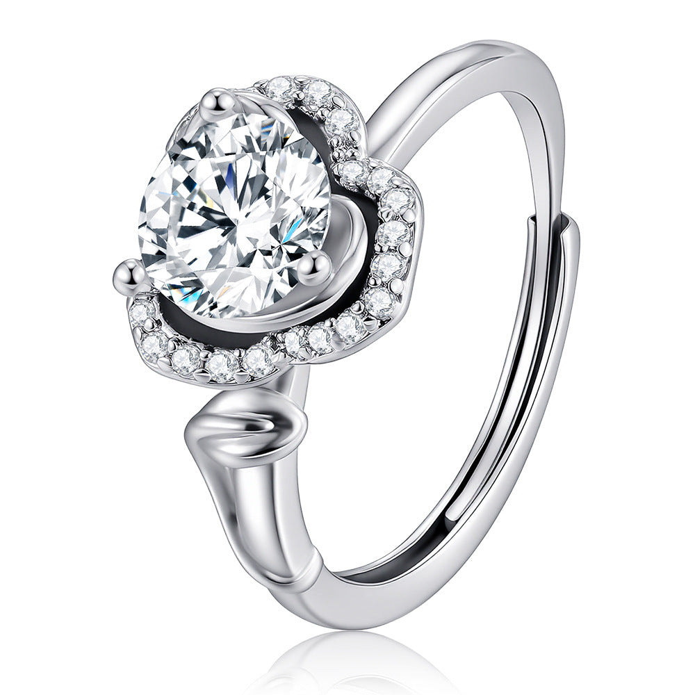 Wholesale Copper Zircon Flower Ring Silver Tone Trendy Fashion Jewelry Accessory