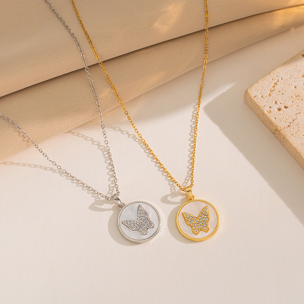 Wholesale Light Luxury Mother-of-pearl Micro-inlaid Zircon Copper Plated Gold Butterfly Necklaces ACC-NE-OuBK002