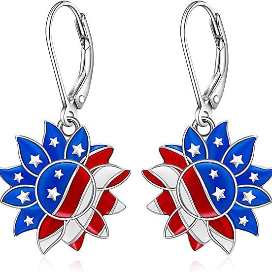 Wholesale  Red White Blue Sunflower Bier Gesture US Independence Day Earrings