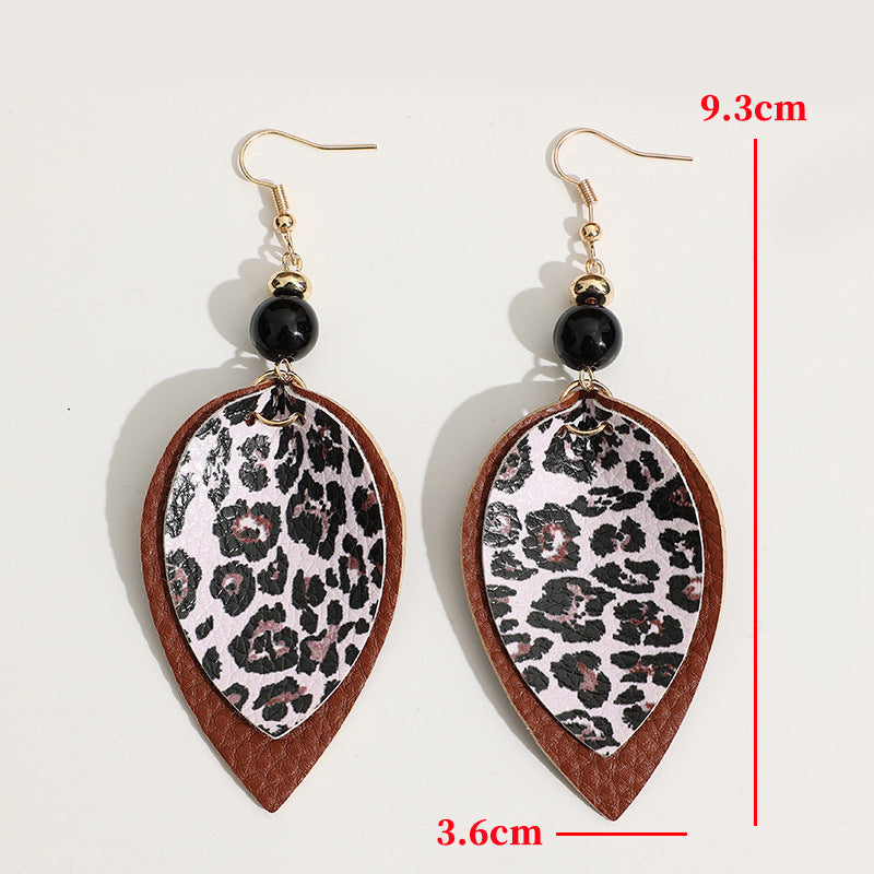Wholesale leopard print leather earrings, double-layered leopard print teardrop-shaped leather earrings