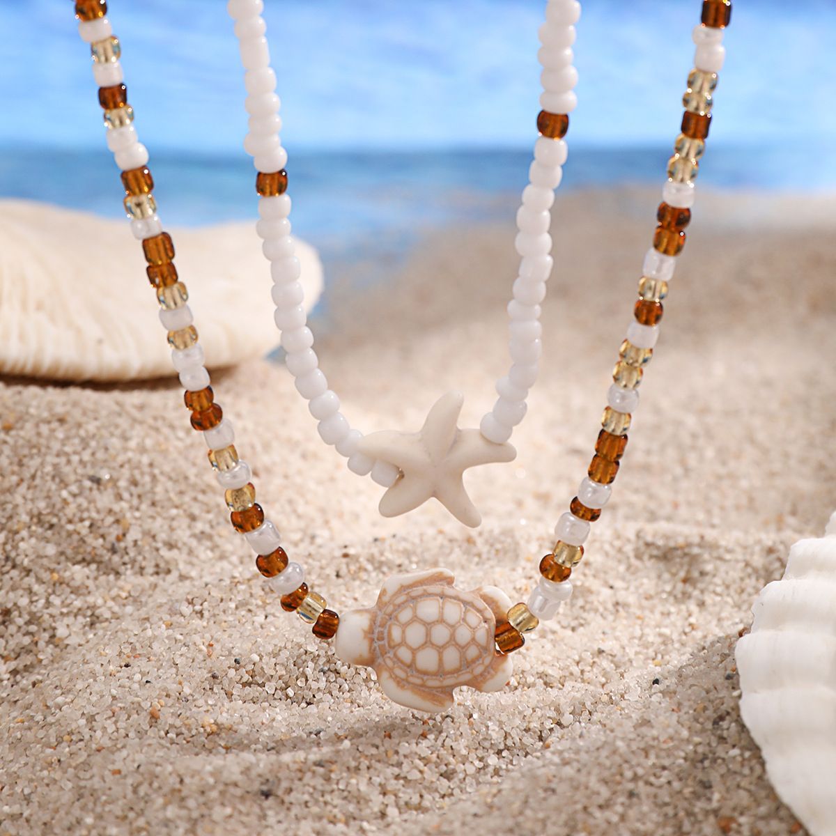 Wholesale  Rice Bead Starfish Necklace Bohemian Beach Turtle Double Layer Necklaces