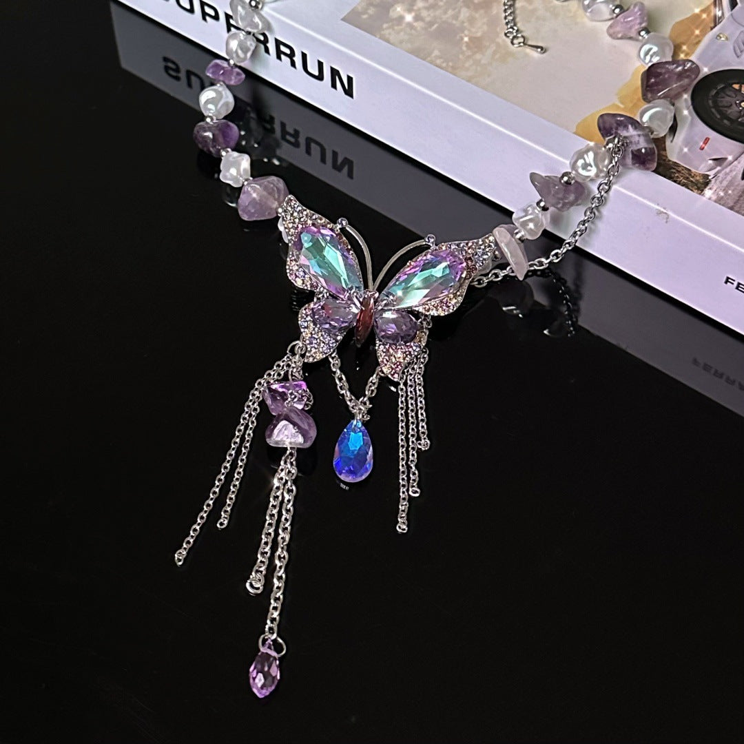 Wholesale Zircon Color Butterfly Irregular Pearl Purple Stone Beaded Necklace