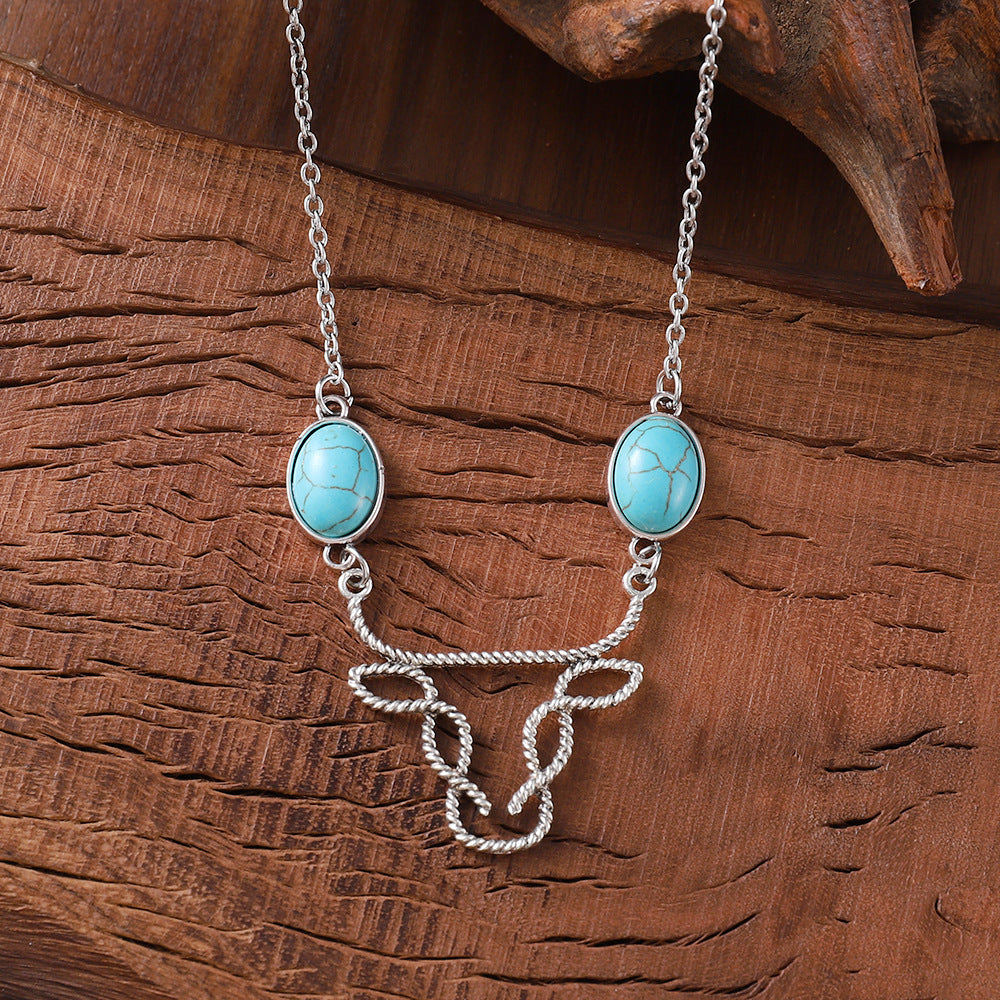 Wholesale Bohemian Cow Head Turquoise Inlay Necklace Fashion Accessory Gift