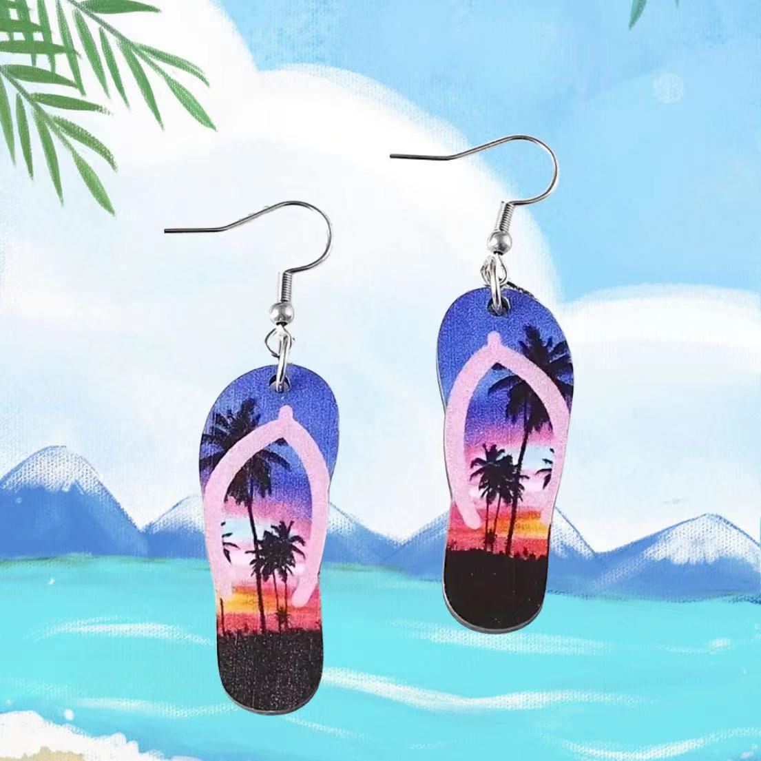 Wholesale Summer Beach Waves Coconut Tree Sunset Slippers Wood Earrings ACC-ES-AnDao029