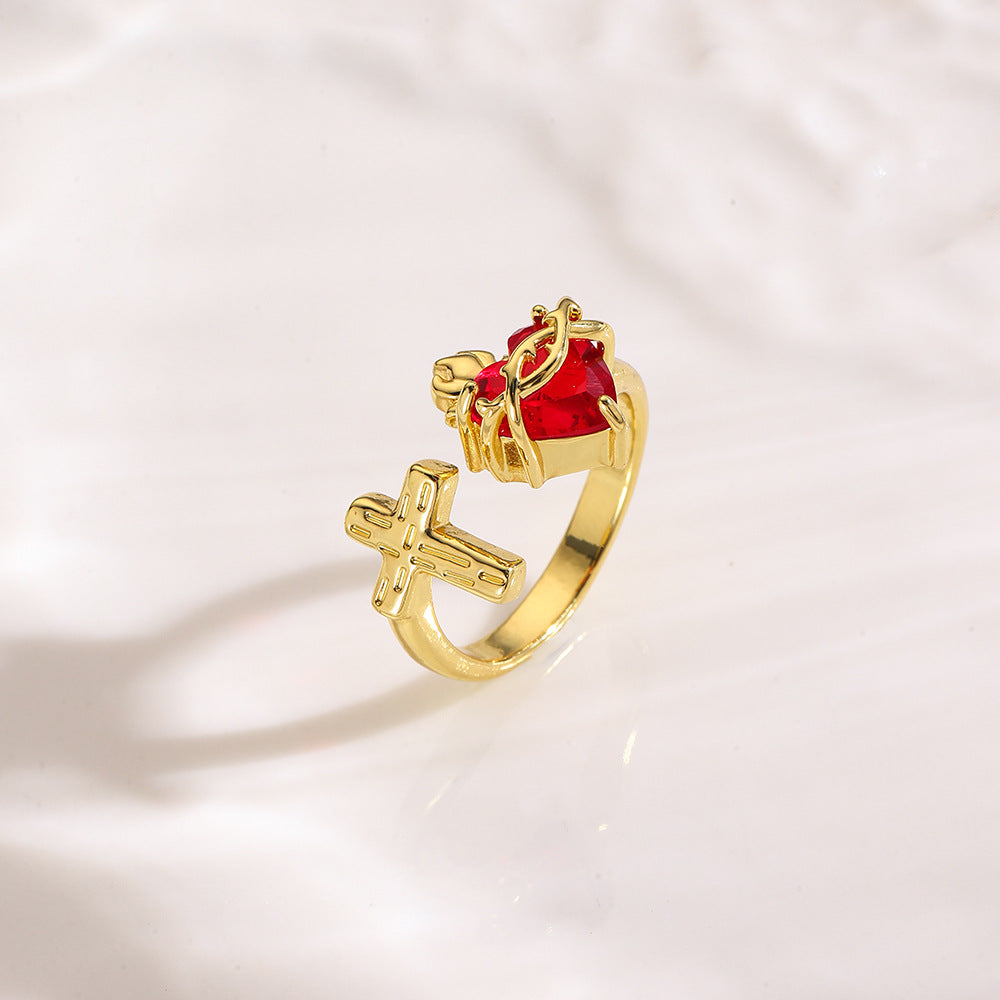 Wholesale Stylish Crown Heart Zircon Open Ring For Women Red Copper Fashion Jewelry Accessory For Everyday Wear And Boutique Resale