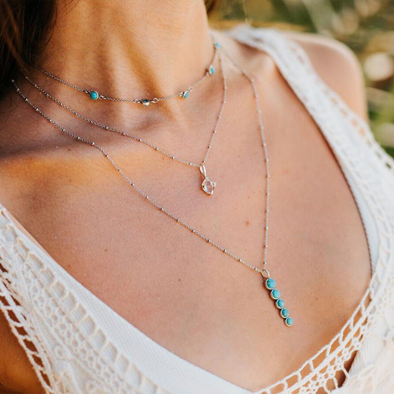 Wholesale Amazon Cross-border New Bohemian Style Turquoise Pendant Retro Simple Clavicle Chain Jewelry