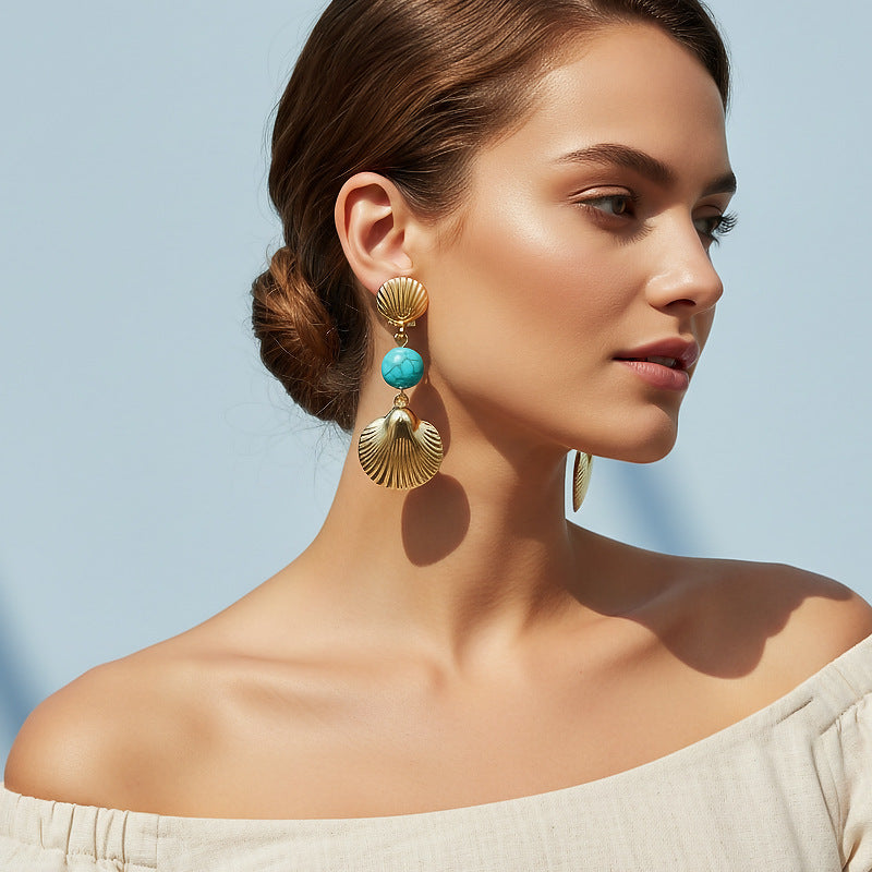 Wholesale Shell and Turquoise Texture Earrings Bohemian Multi-Layer for Women