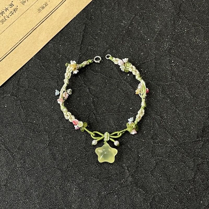 Wholesale  small stars green crystal colorful flowers woven necklace