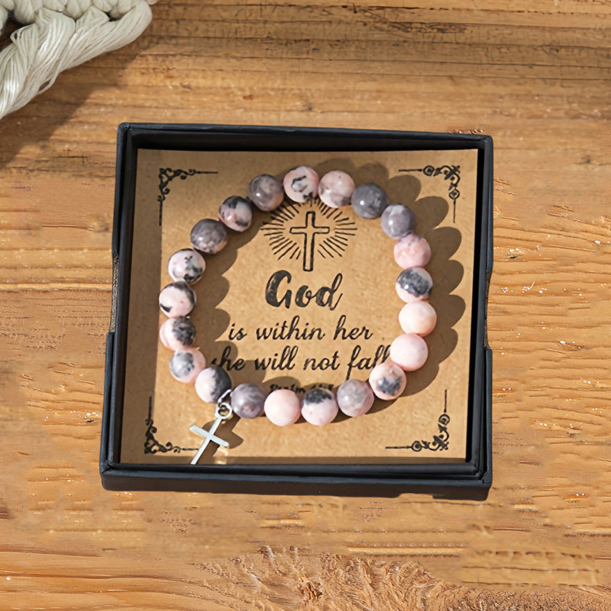 Wholesale jewelry cross pink zebra stone beads bracelet