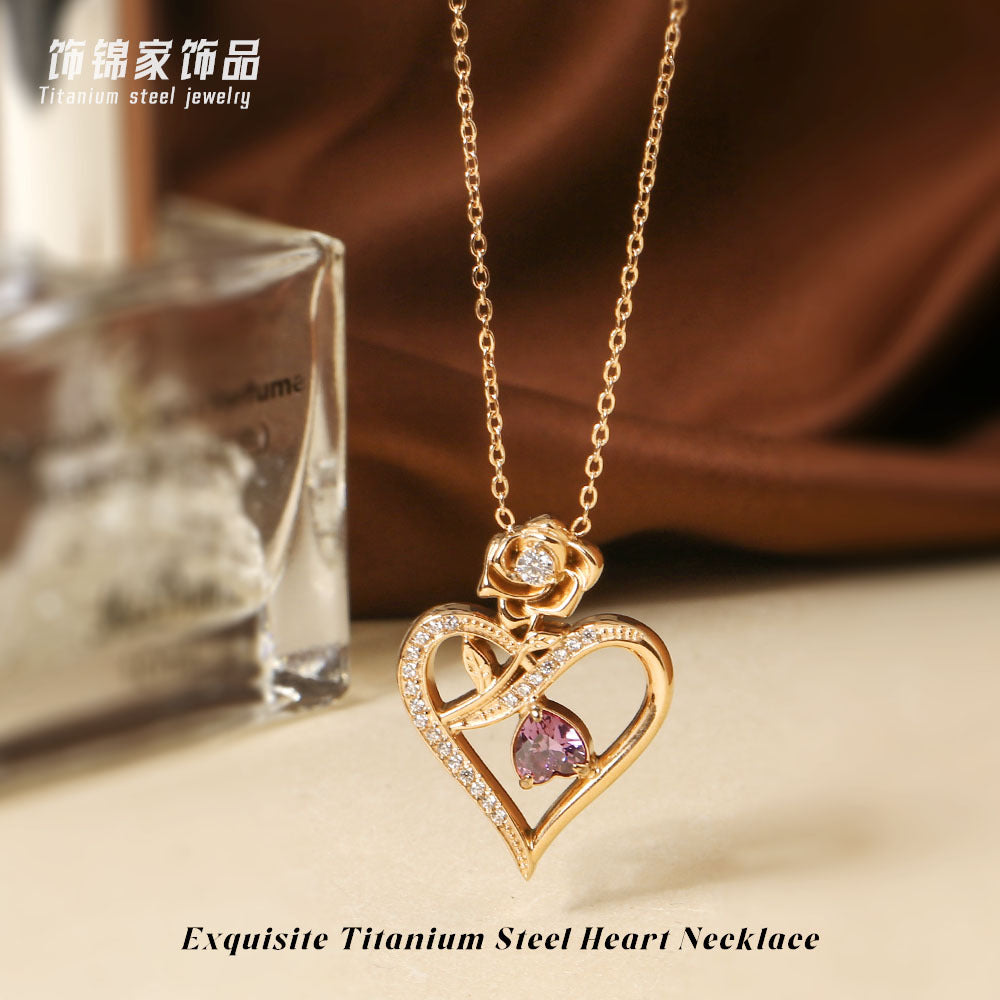 Wholesale Mother' s Day Titanium Steel Heart-Shaped Pendant Necklace with Zircon Inlay