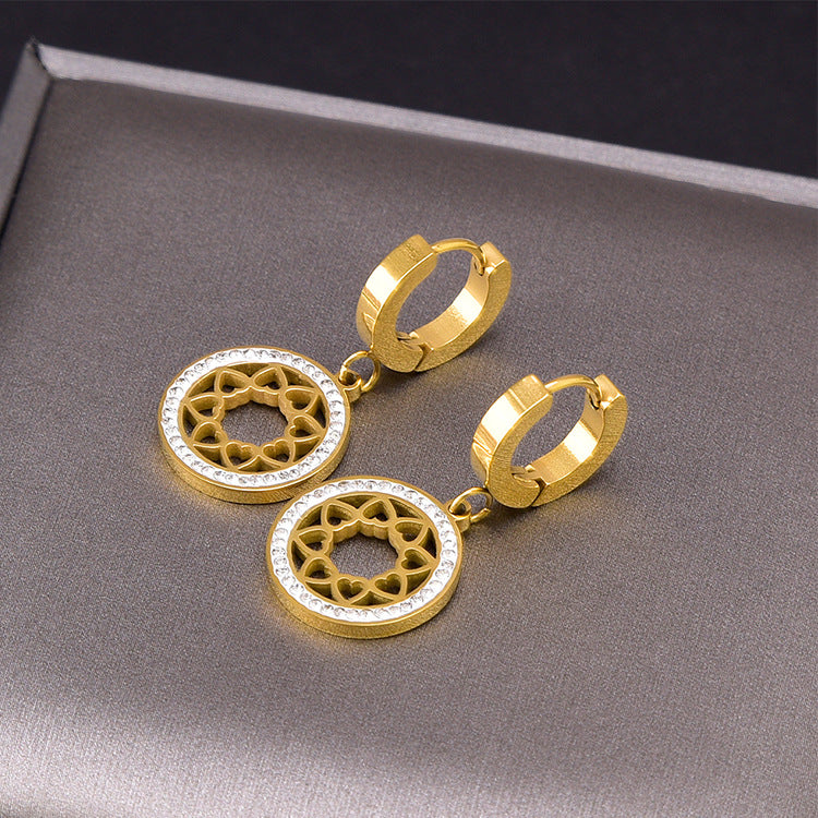 Wholesale Titanium Steel full diamond round pendant mid-length flower earrings