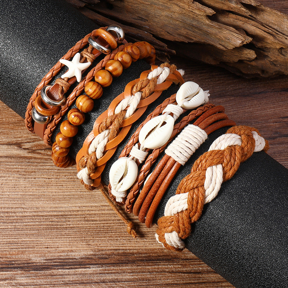 Wholesale Retro Star Design 6 Piece Multi Layer Leather Bracelet Set With Wood Beads Stylish Unisex Gift