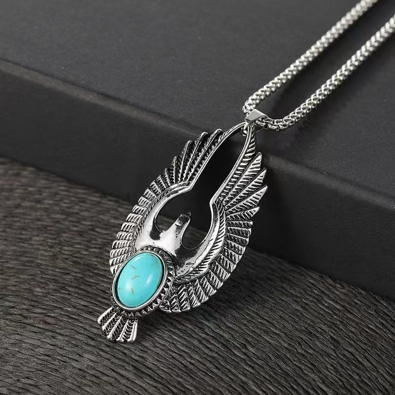 Wholesale punk vintage titanium steel polished turquoise eagle necklace