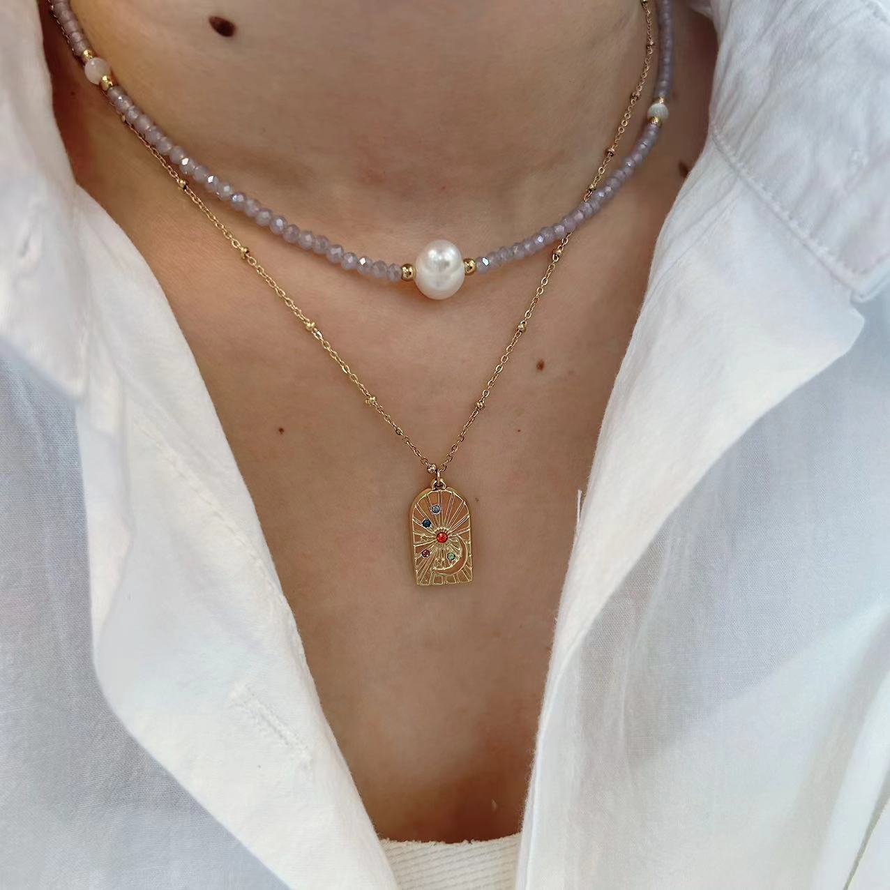 Wholesale Stainless Steel Handmade Natural Stone Pearl Guardian Beaded Necklace