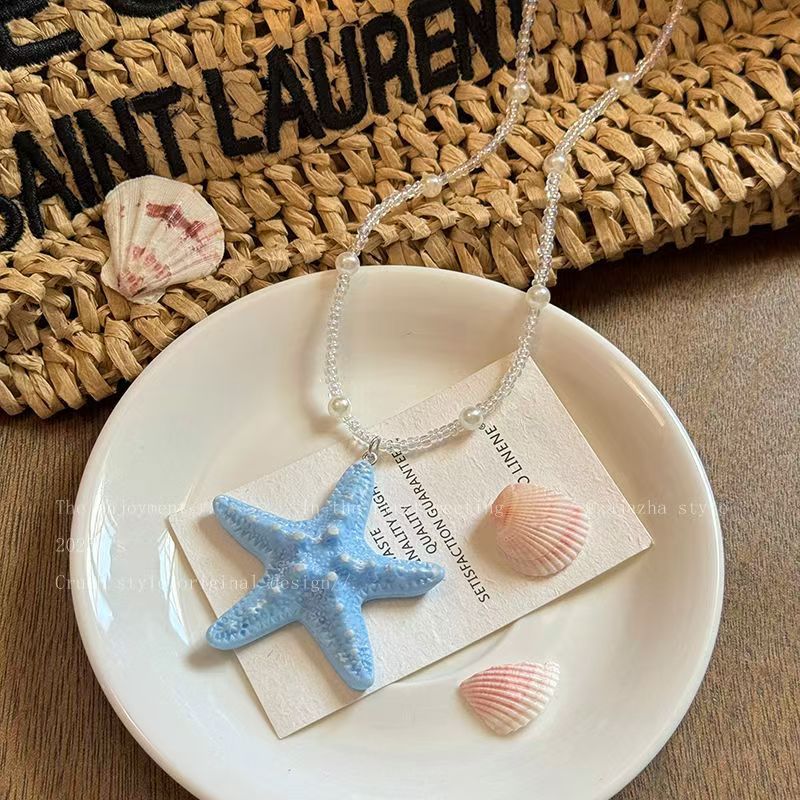 Wholesale Plastic Resin Long Beaded Starfish Necklace Summer Beach Vacation Style Yellow Pendant Jewelry Accessory For Women