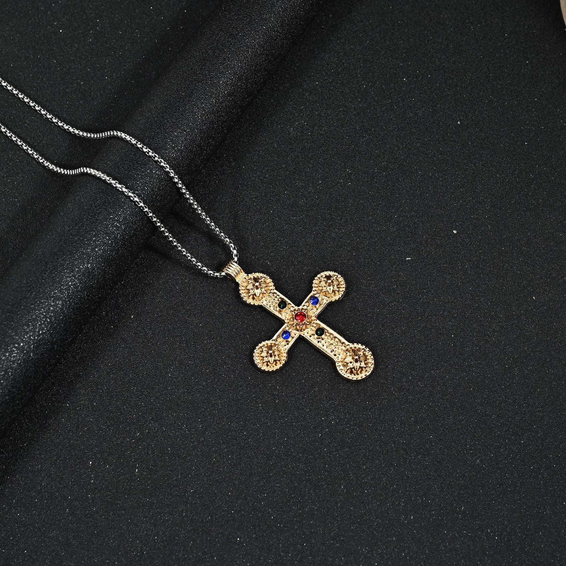 Wholesale Punk Style Diamond Cross Pendant Necklace Stainless Steel Chain Fashion Jewelry Accessory Boutique Gift