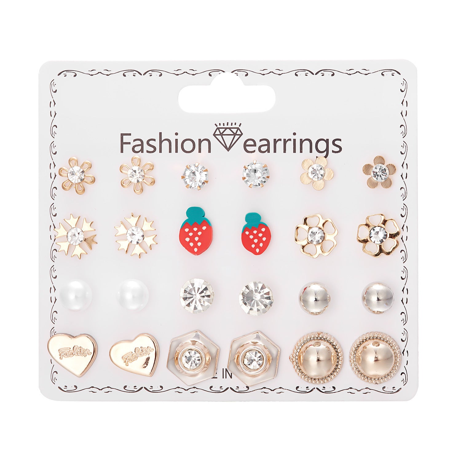 Wholesale December Combination Earrings 12 Pairs Flower Love Strawberry Diamond Earrings Set ACC-ES-Chuya002