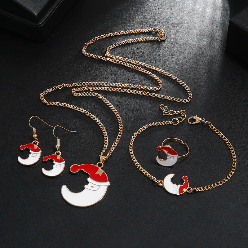 Wholesale Christmas Cute Santa Claus Oil Drop Necklaces Alloy Ring Earrings Bracelet Set ACC-NE-MDD001