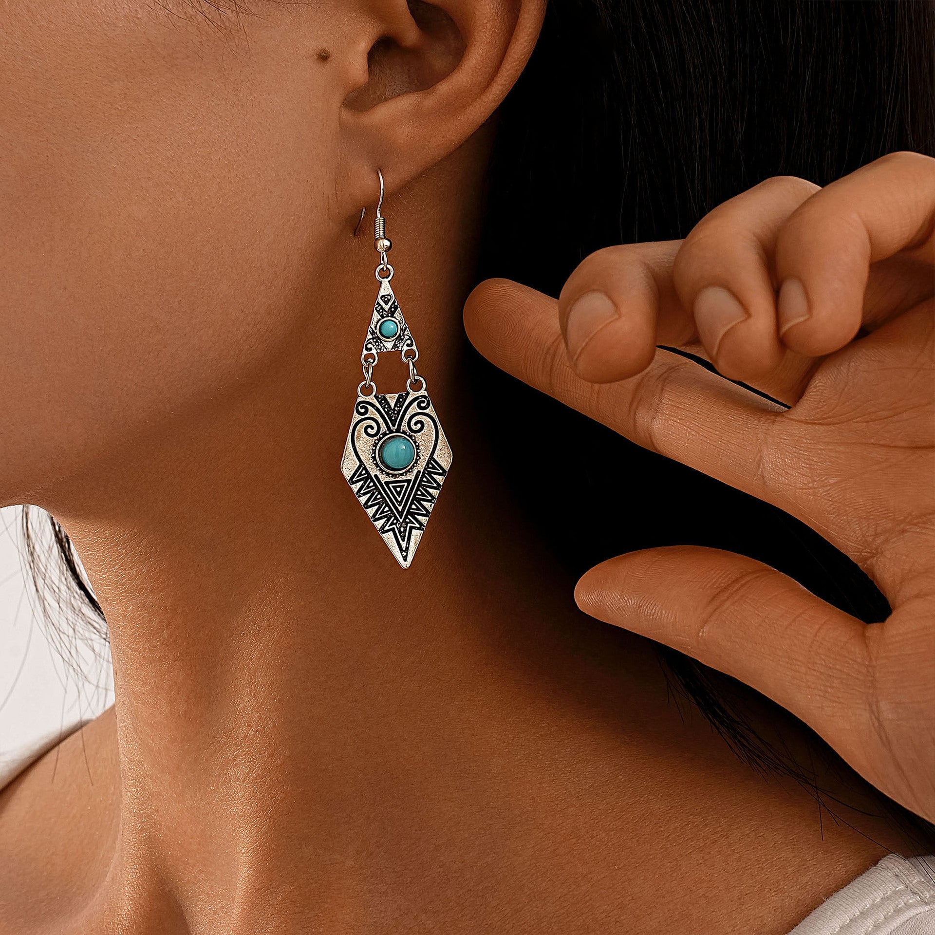 Wholesale turquoise earrings set retro bohemian geometric diamond pattern earrings