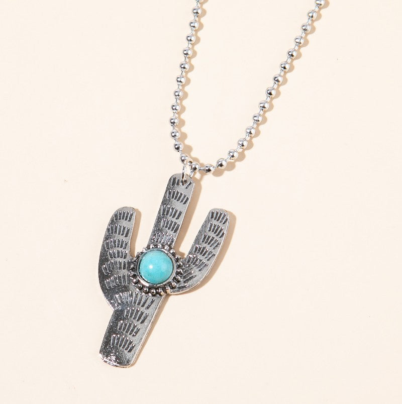 Wholesale Retro Cactus Turquoise Pendant Necklace,  Alloy Electroplated Chic Jewelry Accessory for Women