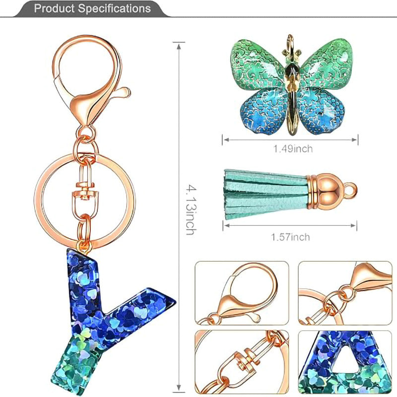 Wholesale Resin Alphabet Keychain With Butterfly Tassel Blue Gradient Vacation Style Fashion Accessory For Bags And Keys