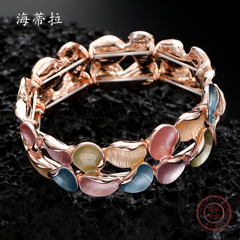 Wholesale  two rows colorful petal alloy elastic bracelet