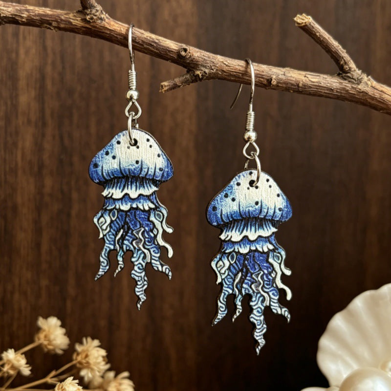 Wholesale Vintage Wooden Earrings Blue White Jellyfish Ocean Gradient Boutique Resale