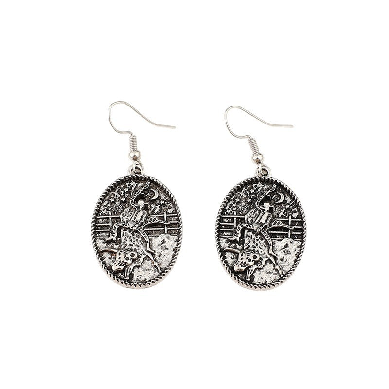 Wholesale Bohemian Cowboy Vintage Oval Embossed Distressed Earrings - Alloy Jewelry Accessory for Women