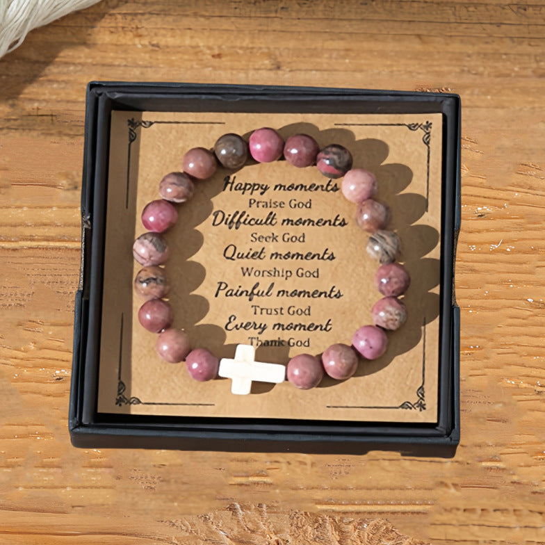 Wholesale jewelry cross pink zebra stone beads bracelet