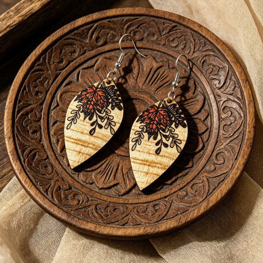 Wholesale Wooden Retro Ethnic Earrings With Printed Floral Geometric Pendant Fashion Accessory Boutique Resale Gift