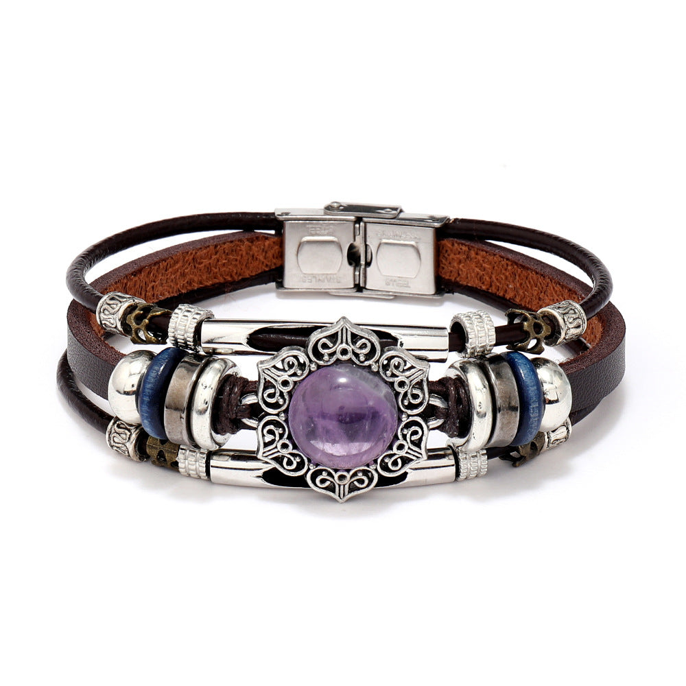 Wholesale 3PCS Leather natural stone multi-layer bracelet