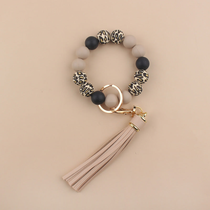 Wholesale  leopard silicone hand beaded bracelet handmade tassel bracelet keychain