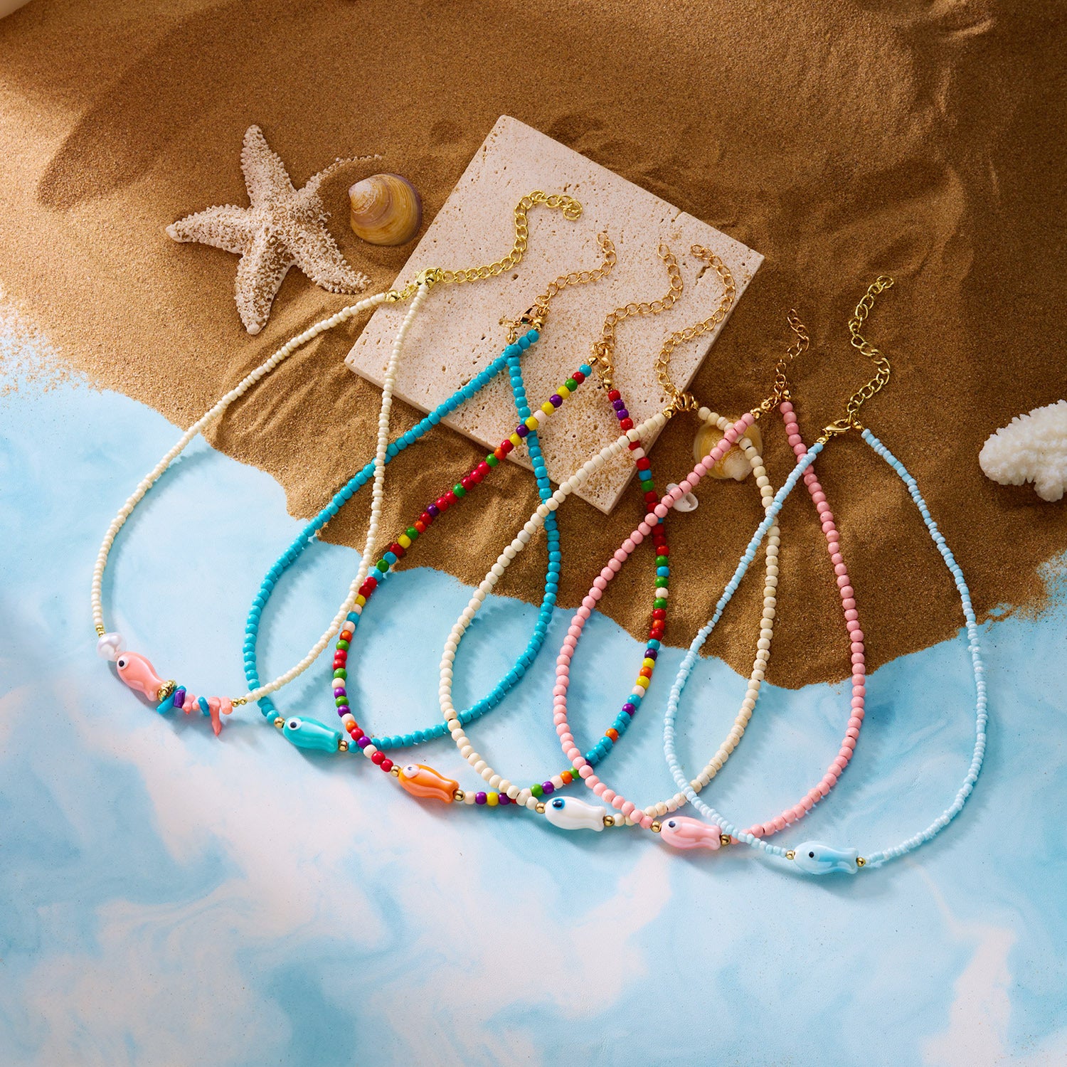 Wholesale  cute color ceramic double-sided painted small fish rice beads beaded necklace