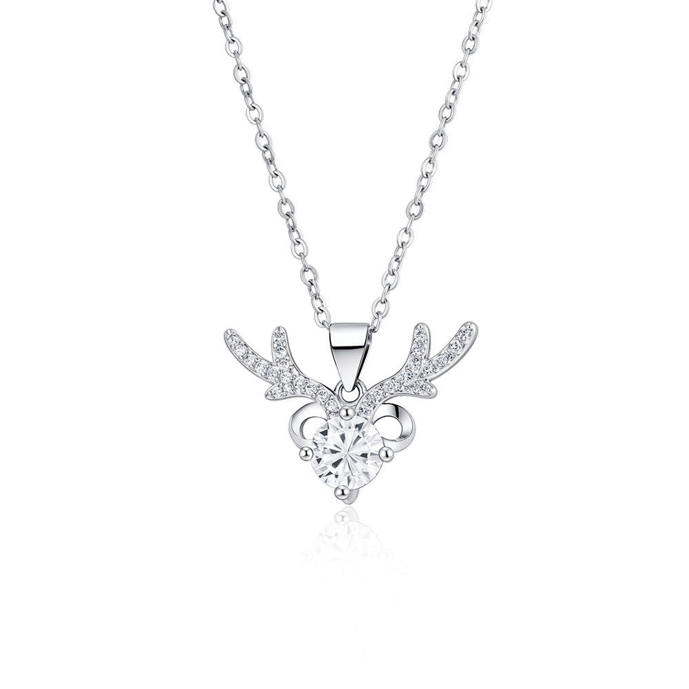 Wholesale Moissanite Christmas Deer Pendant Necklace Silver Tone Trendy Women S Fashion Jewelry Accessory Boutique Resale