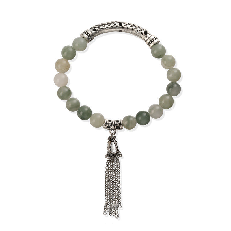 Wholesale Retro Chic Antique Silver Tone Stone Bead Bracelet With Tassel Pendant Heart Shaped 16 Beads Unisex Wedding Gift Fashion Accessory
