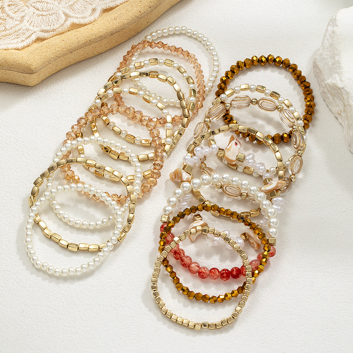 Wholesale Retro ethnic style glass pearl crystal acrylic CCB multi-piece bracelet set