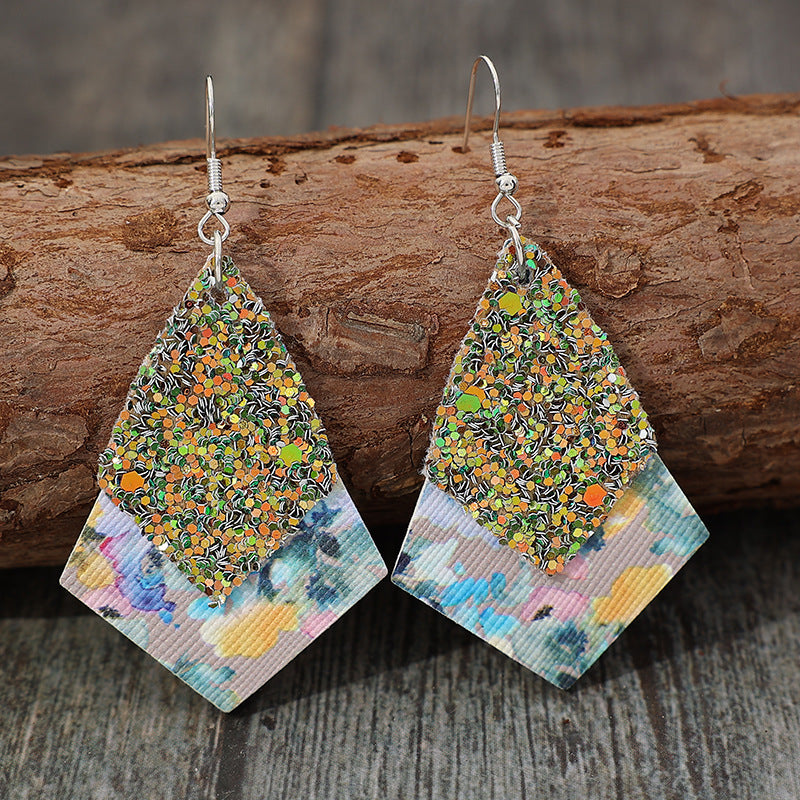 Wholesale  retro diamond sequins double-layer pattern personality trendy leather earrings
