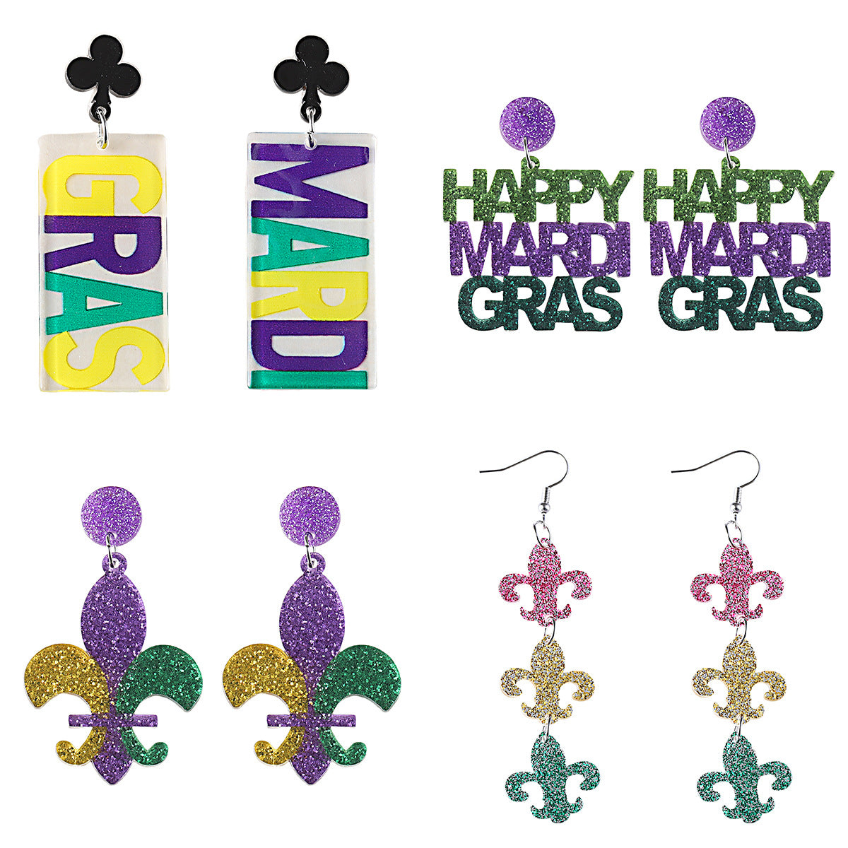 Wholesale Mardi Gras Yellow Green Purple Clown Hat Tassel Earrings
