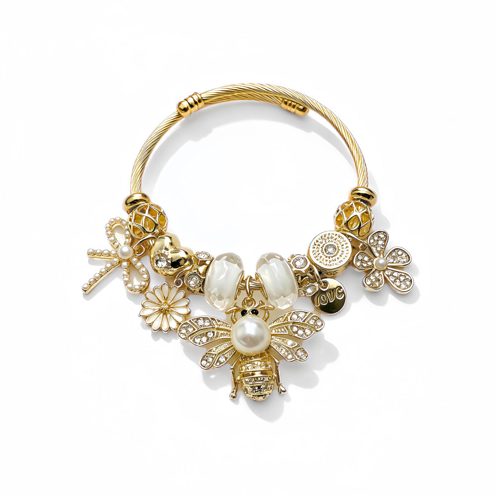 Wholesale Pastoral Gold Open Cuff Bangle With Dragonfly Bee Bow Pearl Charm Stainless Steel Women S Fashion Jewelry Accessory Boutique Resale Gift