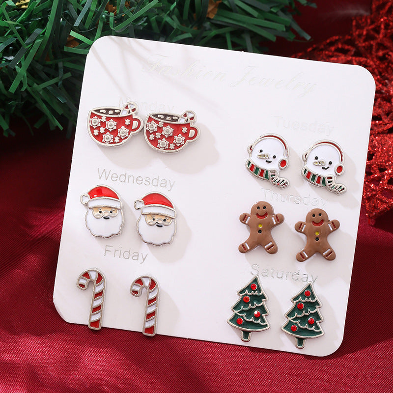 Wholesale Christmas Earrings Combination Cartoon Holiday Alloy Oil Dropping Elk Elk Elder Bell Earrings suit