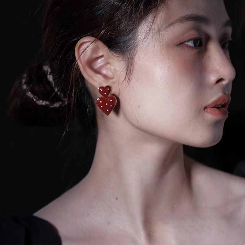 Wholesale Red Polka Dot Double Heart Earrings