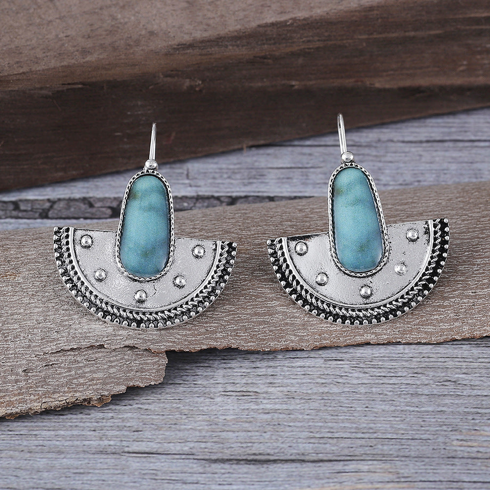 Wholesale Electroplated Zinc Alloy Semi-Circular Turquoise Earrings Ethnic Retro Fashion Accessory
