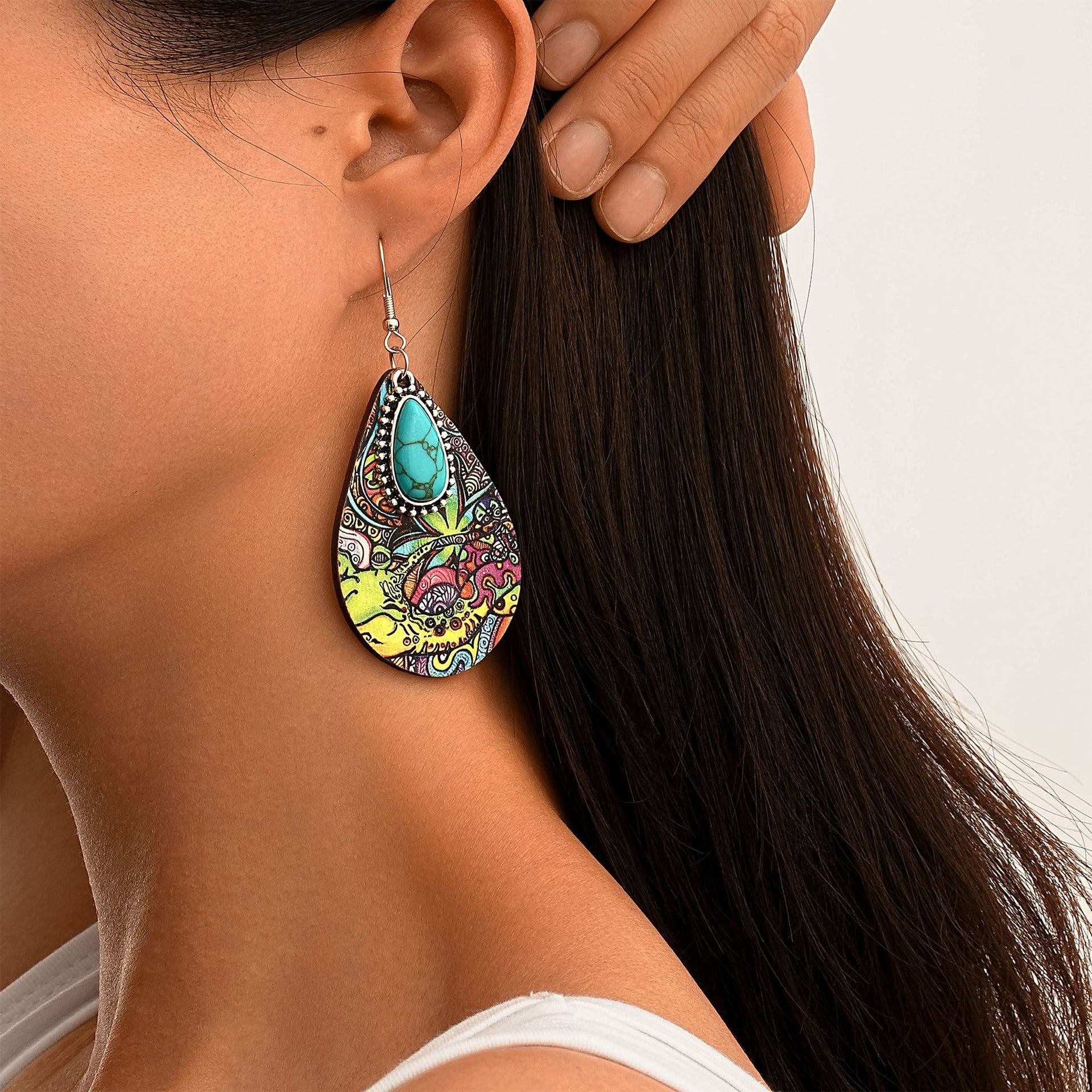 Wholesale  Retro Drop-Shaped Wooden Earrings Turquoise Earrings