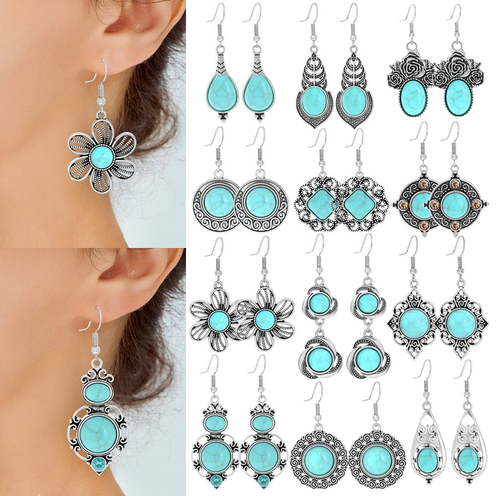 Wholesale Ethnic Style Turquoise Drop Earrings Zinc Alloy Electroplated Boutique Jewelry Accessory