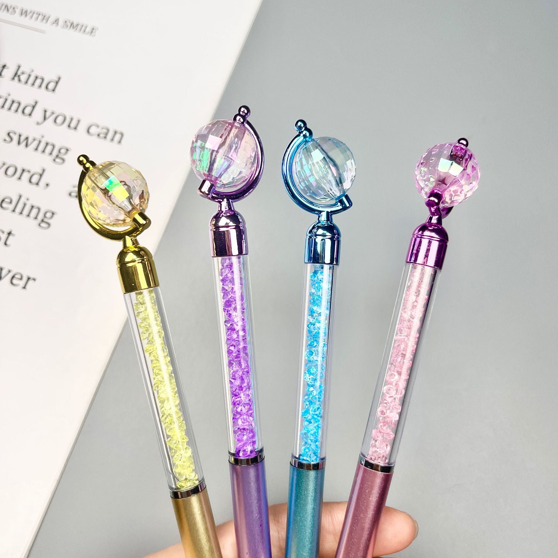 Wholesale 10pcs globe crystal spin ball pen  color quicksand broken diamond sign pen